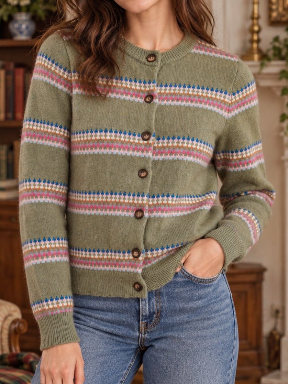 Boden Edie Fair Isle Cardigan Olive Green Alpaca Wool Blend Sweater Soft S